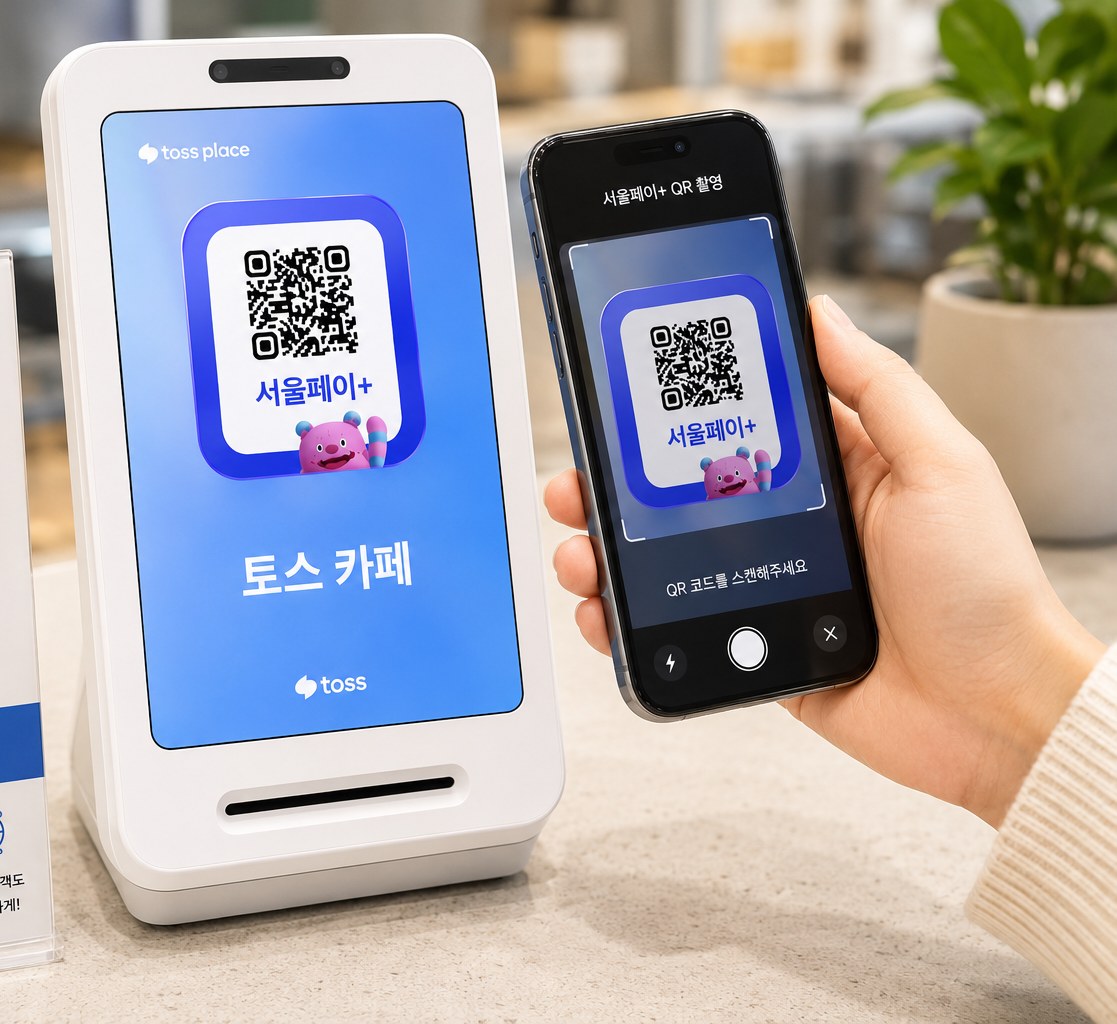 서울시가 서울사랑상품권 결제 단말기 화면에 서울페이 QR 코드를 표시하는 모습